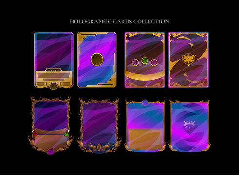 Holographic fantasy trading card collection with front and back templates, premium foil effects and ornate RPG frames for TCG, collectible cards, game UI and esports assets.