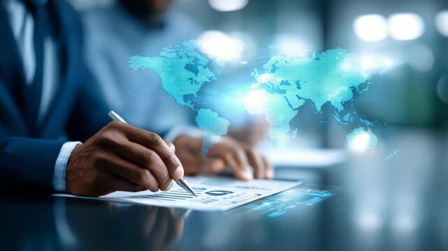 Businessman analyzing financial data with futuristic digital world map overlay, representing global business strategy and innovation. Modern technology enhances decision making processes in finance