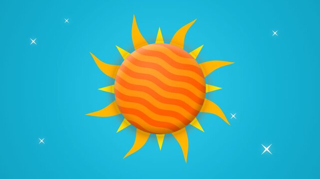Animated Cartoon Sun with Wavy Patterns on Blue Background Minimalist Sun Symbol for Weather Forecasts and Summer Themes