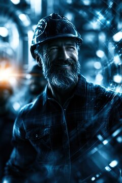engineer father with light skin tone walking through a modern industrial energy plant while smiling thoughtfully
