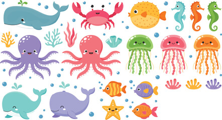 Cute Kawaii Marine Animals and Sea Life Vector Illustration Set with Underwater Coral ElementsCute Kawaii Marine Animals and Sea Life Vector Illustration Set with Underwater Coral Elements © MDAKTARUL