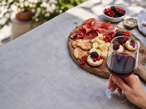 Disfrutar de una tabla de aperitivos con vino en una reuni&oacute;n al aire libre