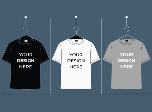 T shirts on hangers with your design here template for mockup purposes  tee shirts in black white and gray colors
