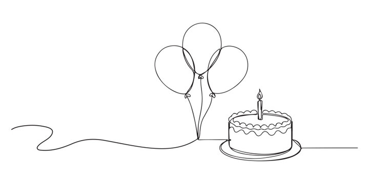 Birthday line continuous drawing cake art anniversary vector outline. Continuous one line birthday cake simple illustration candle doodle icon minimal happy design draw piece sketch chef creative food