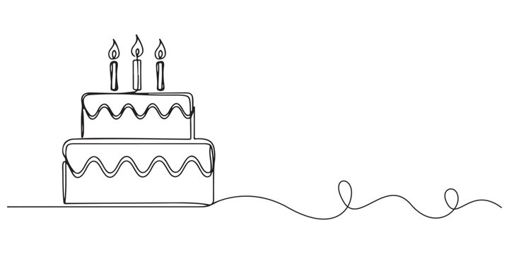 Birthday line continuous drawing cake art anniversary vector outline. Continuous one line birthday cake simple illustration candle doodle icon minimal happy design draw piece sketch chef creative food