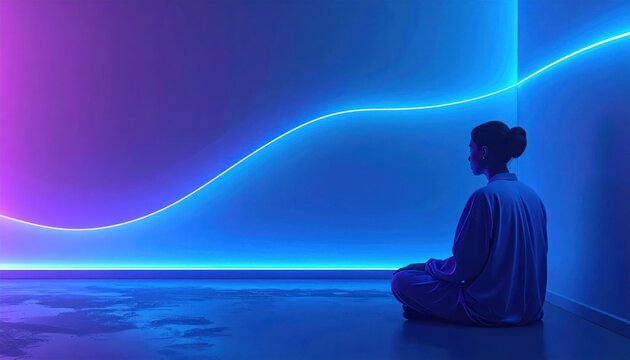 Woman meditates in blue room.