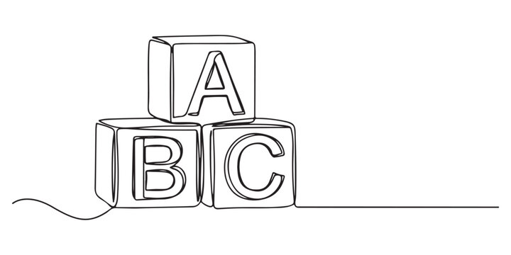 Single one line drawing alphabet cubes with letters ABC. Block building tower. ABC letters building blocks. Alphabet cubes with letters. Modern continuous line draw design graphic vector illustration