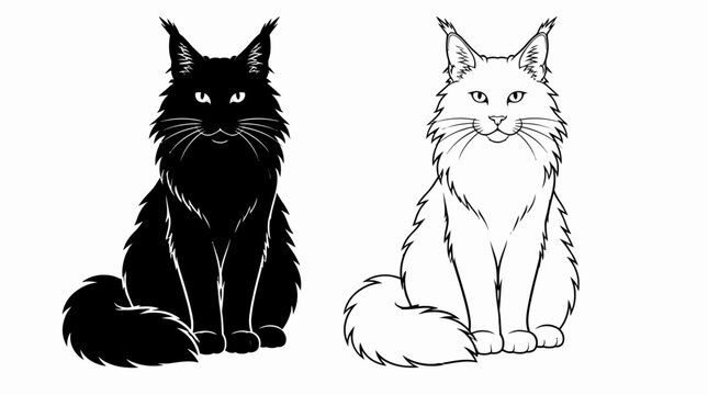 Two Maine Coon Cats Silhouette and Line Art Illustration