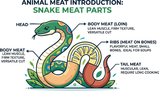 An educational illustration labeling anatomy and meat cuts of a cartoon snake