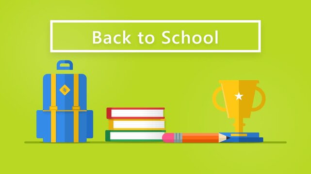 Back to School Concept Animation with Backpack Books Pencil and Trophy on Green Background