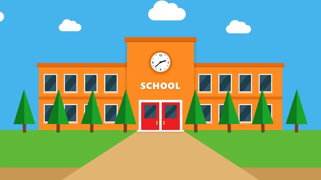Modern Flat Cartoon School Building Animation for Educational and Academic Video Projects