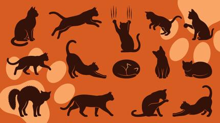 Obraz premium Set of cat silhouettes in various active and resting poses on an orange background with decorative paw prints.