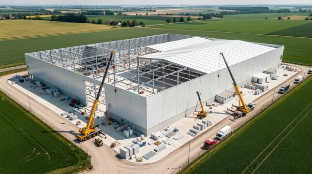 Large warehouse under construction in a rural area with cranes and building materials around, surrounded by vast green fields.