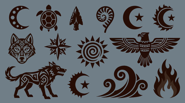 Set of tribal and native indigenous symbols including wolf, eagle, and celestial icons