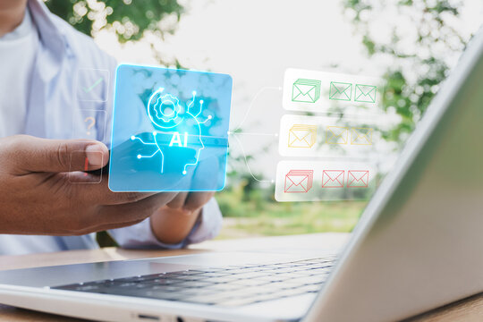 AI email classification system analyzing inbox messages and automatically sorting into categories like spam, priority, and marketing using machine learning interface overlay on laptop workspace