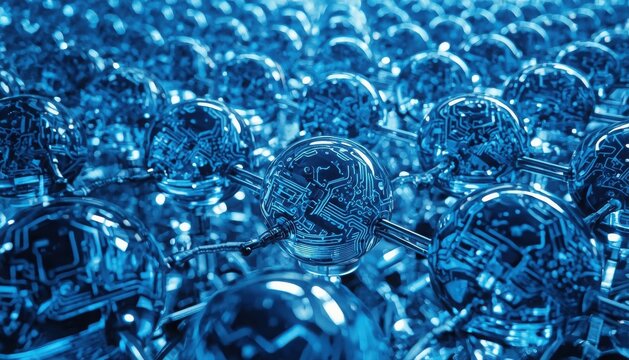 Macro view of blue electronic chip grid with connected nodes electronic technology processor hardware computer connection microchip engineering innovation abstract background geometry