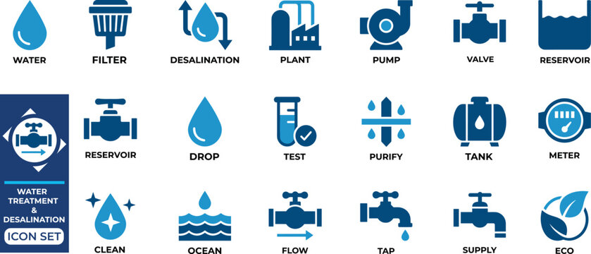 Water treatment and desalination icon set with industrial purification plant graphics.