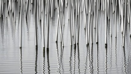 Vertical lines of scirpus stems create a geometric pattern with water reflections. © 11