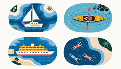 Summer Vacation Icons, Water Sports Illustrations, Boat and Ship Vector Set, Travel and Leisure Graphics © Malik