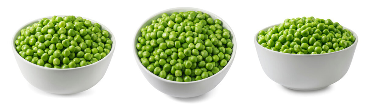 Green peas in white bowl set. Top and side view for package design with clipping path