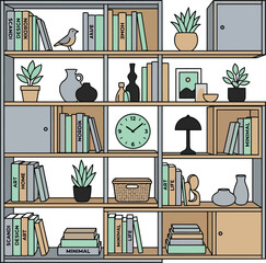 Modern bookshelf with books, plants and decor in flat vector home interior illustration © SAIF820