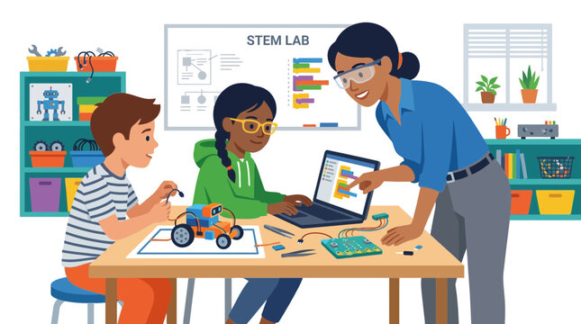 Students and Teacher Working on Robotics Project in STEM Lab Classroom