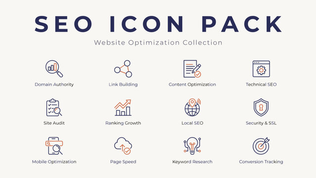 Cohesive technical SEO and domain authority line icons &ndash; Suitable for website code audit dashboards, link building platforms, or tech wikis.