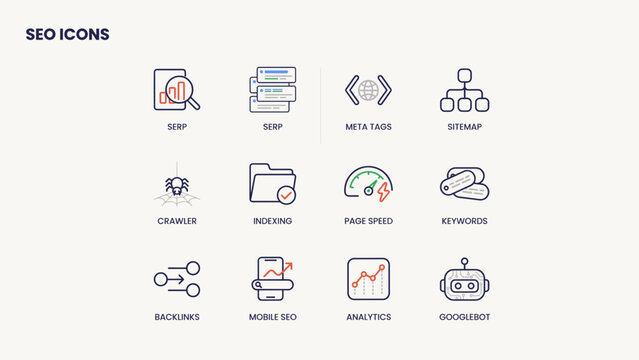 Flat two tone page speed and web crawler symbols &ndash; Perfect for developer toolkits, internet search analysis, or professional slide decks.
