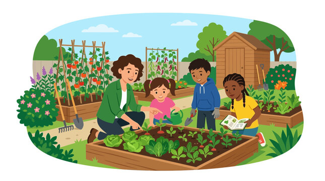 Teacher and Children Gardening Together in School Vegetable Garden