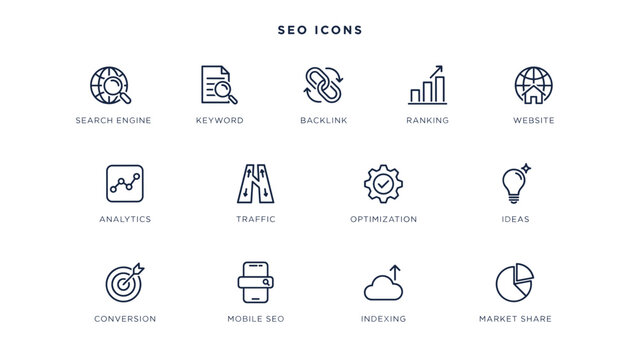 Minimal line art keyword research and traffic ranking icons &ndash; Great for search optimization plugins, professional advice blogs, or web designs.
