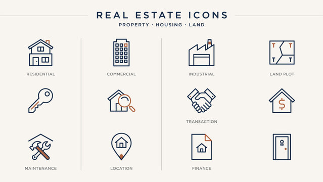 Premium residential and commercial property line icons &ndash; Ideal for land development portfolios, real estate consulting decks, or corporate wikis.