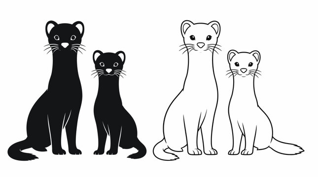 Weasel and Stoat silhouettes, black and white vector animal set