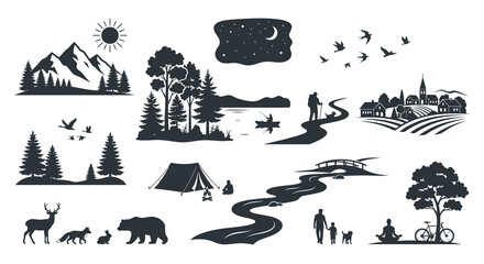 Nature Scene Silhouettes With Mountains Forests And Wildlife Black On White © Tanmoy