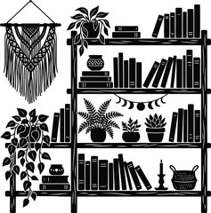 Boho bookshelf wall decor with potted plants, macrame hanging and minimalist interior design © SAIF820