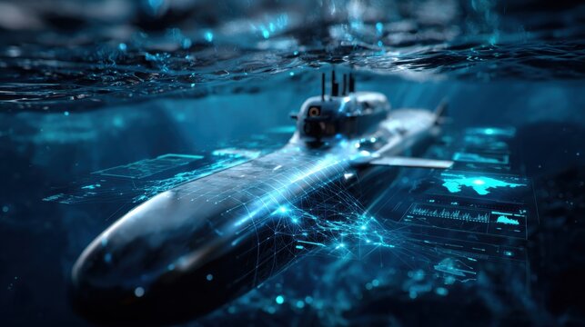 Submarine moves through deep water while advanced technology and data projections surround it