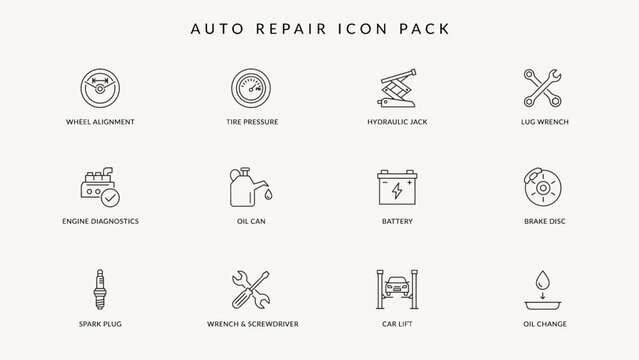 Premium wheel alignment and tire pressure outline icons &ndash; Ideal for garage equipment spec sheets, tire center diagnostic tools, or mechanic apps.