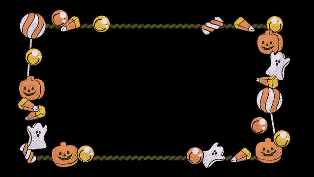 Cute halloween candy and pumpkin frame background presentation black texture
