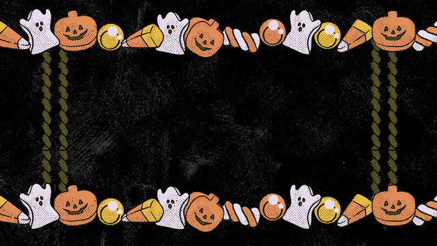 Halloween frame background presentation with cute ghost pumpkin candy halftone style
