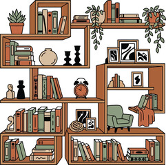 Cozy home bookshelf interior with books, plants, decor and armchair in modern flat vector style © SAIF820