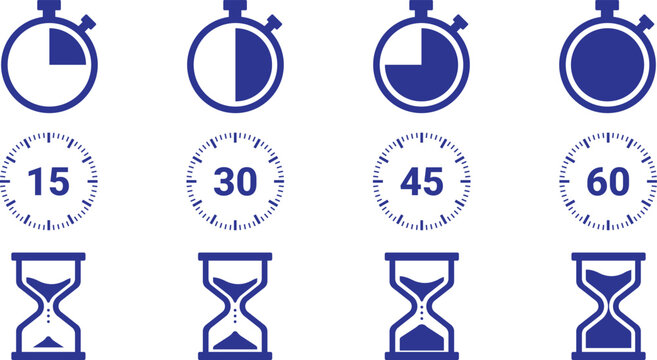 Time icons set stopwatch, timer, hourglass for 15, 30, 45, 60 minutes