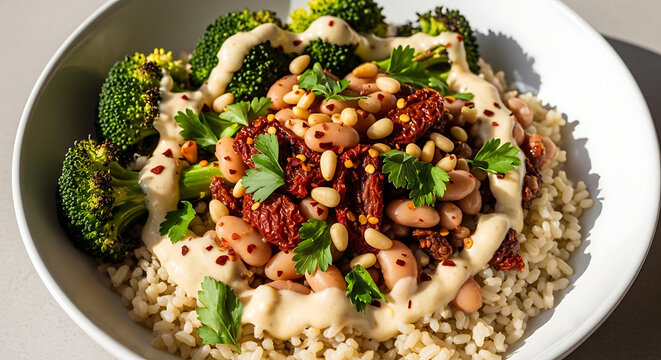 Roasted Broccoli And White Bean Bowl With Lemon Garlic Sauce