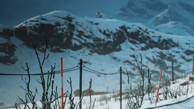 In a snowy landscape, bare trees line a path. Mountains rise in the background under a dark sky. Power lines stretch along the ground in the distance.