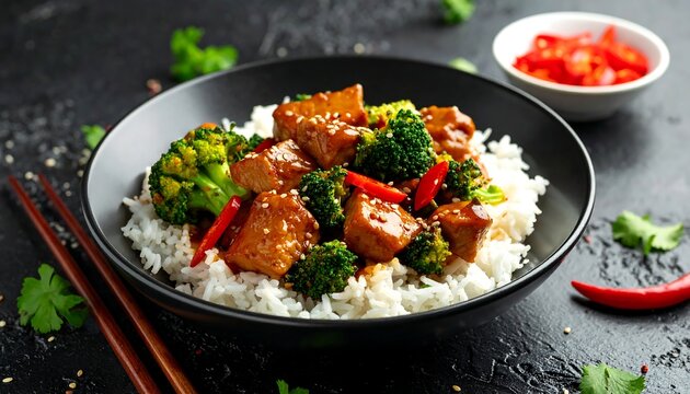 Savory dish of tofu and broccoli over rice, with chili peppers
