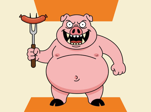 Evil gluttonous cartoon pig holding a sausage on a fork