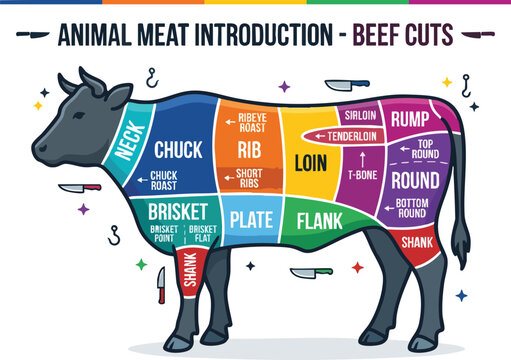 An illustrated diagram showing different beef cuts on a cows body