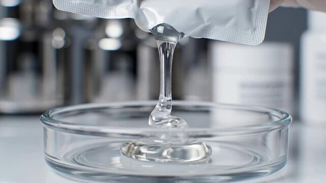Extreme Macro Close-Up Of A Blank White Eyebrow Serum Sachet Releasing Serum Into A Petri Dish Demonstrating Product Texture And Viscosity