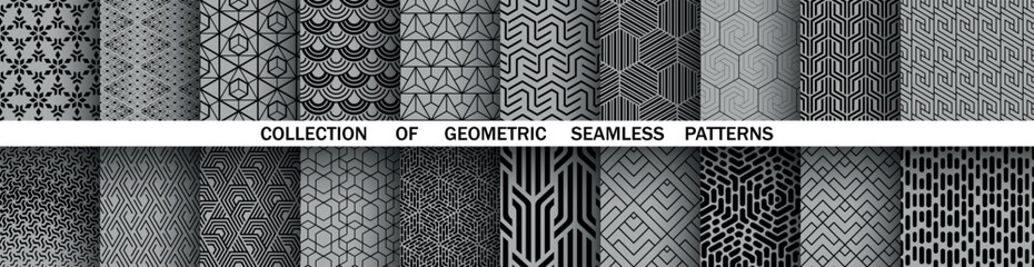 Fototapeta na wymiar Geometric set of seamless black and gray patterns. Simple vector graphics