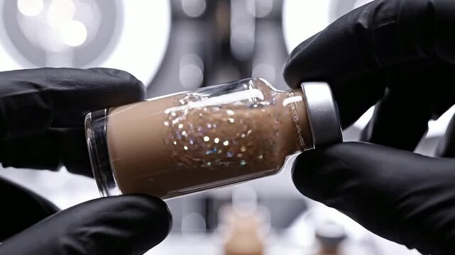 Extreme Macro View Of A Laboratory Scientist Holding A Vial Of Suspended Micro-Particles With Glitter In A Science Lab Environment