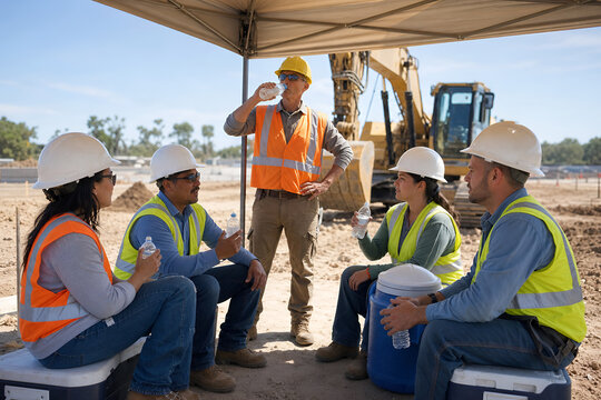 Workers take a break to hydrate while wearing safety gear under a shade structure at a construction site during the day