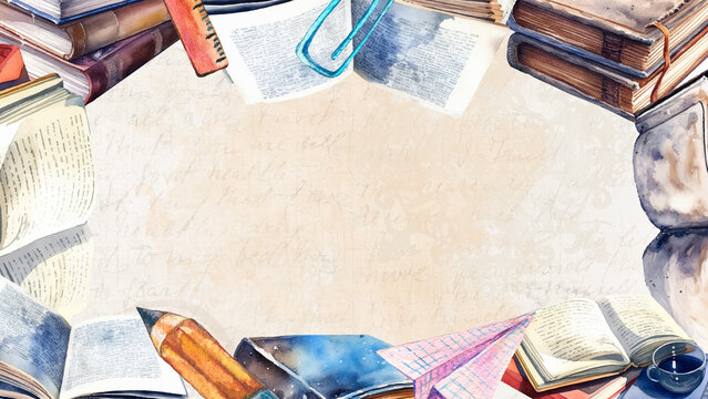 Watercolor education background presentation with vintage books and school stationeries